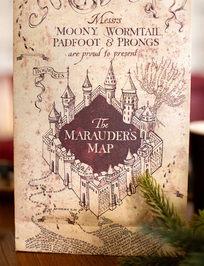 Gros plan sur le motif de la Carte du Maraudeur des sacs cadeaux Harry Potter