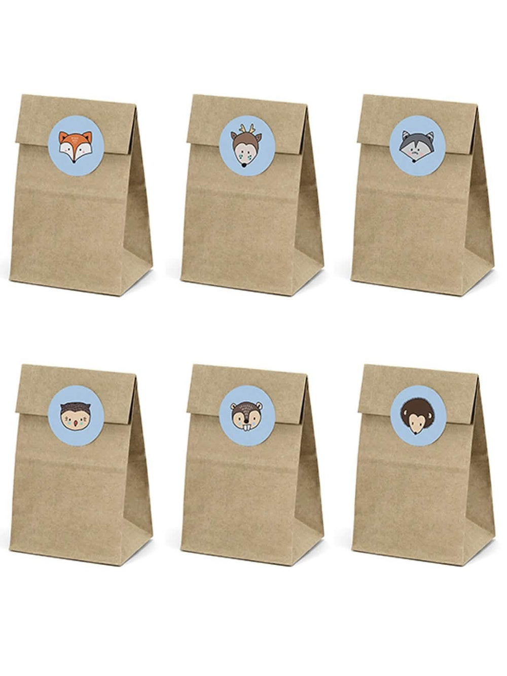 6 sacs en papier kraft et stickers animaux de la forêt pour enfant marron et bleu