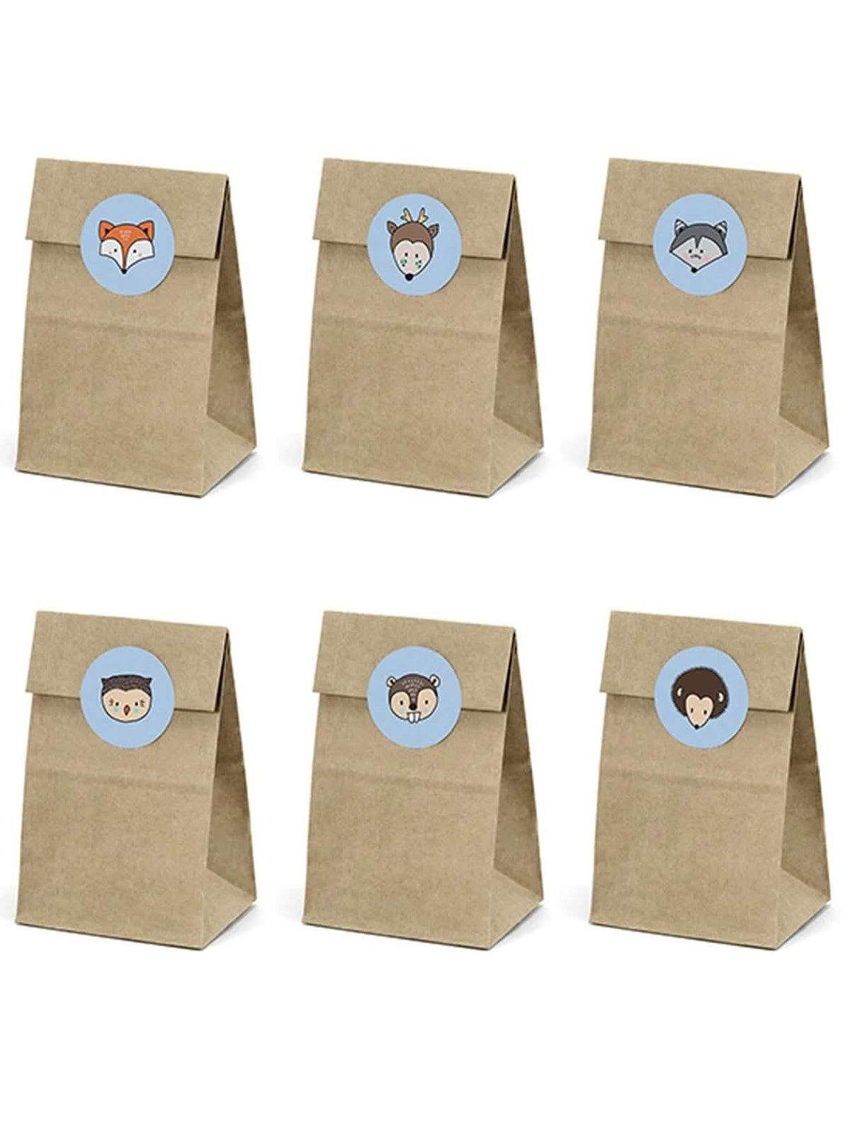 6 sacs en papier kraft et stickers animaux de la forêt pour enfant marron et bleu