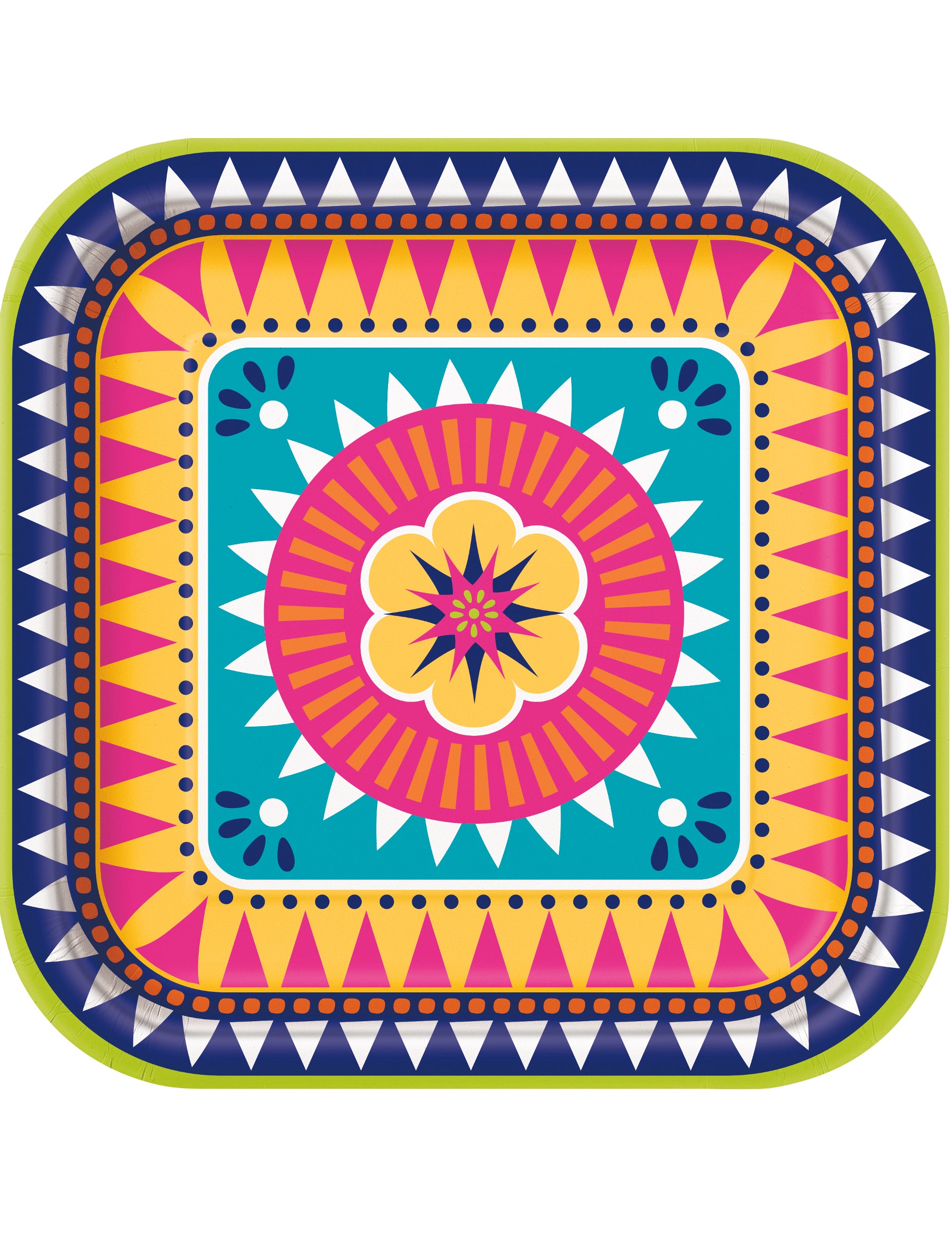 Assiettes carrées en carton boho fiesta multicolores avec motif fleur
