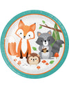 Assiettes en carton animaux de la forêt turquoise avec renard et raton laveur
