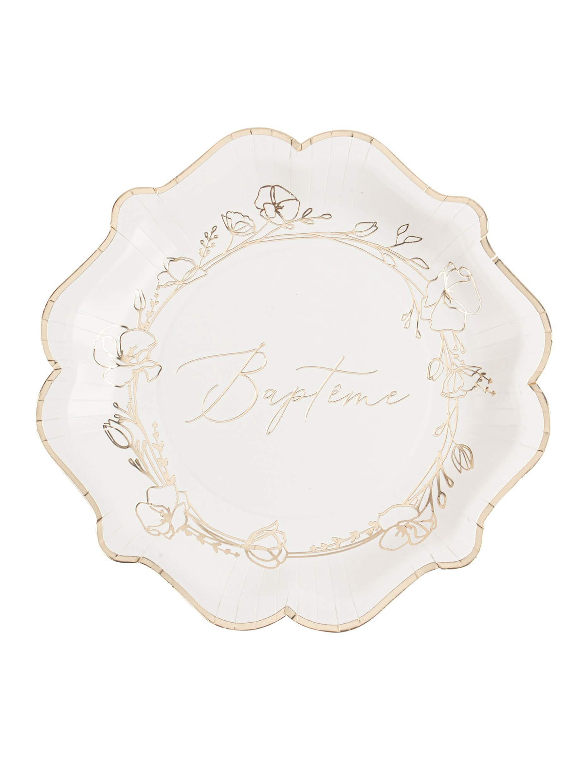 Assiettes en carton baptême blanches avec fleurs dorées