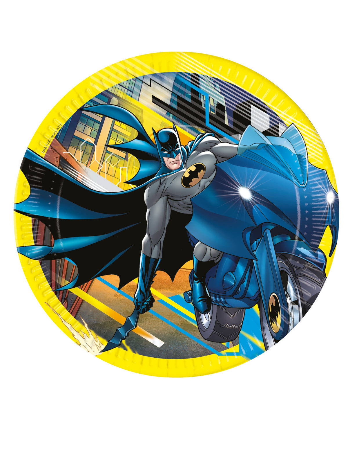 Assiettes en carton Batman pour anniversaire jaune avec Batman sur sa moto