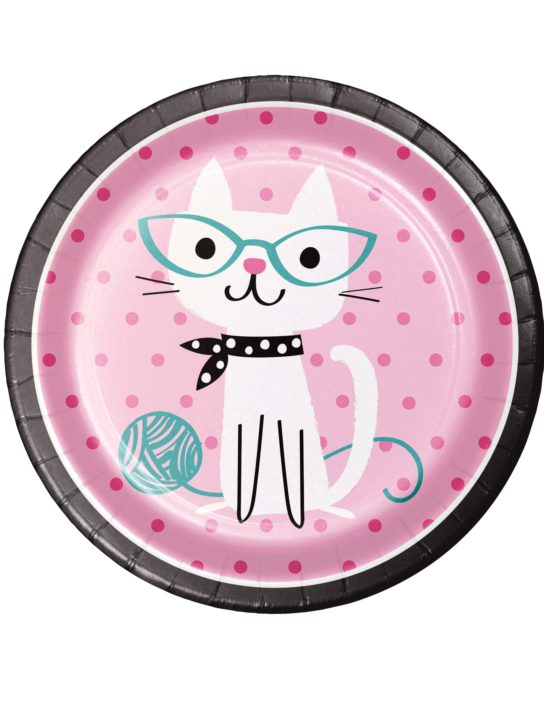 Assiettes en carton chat pour anniversaire rose à pois avec motif chat à lunettes