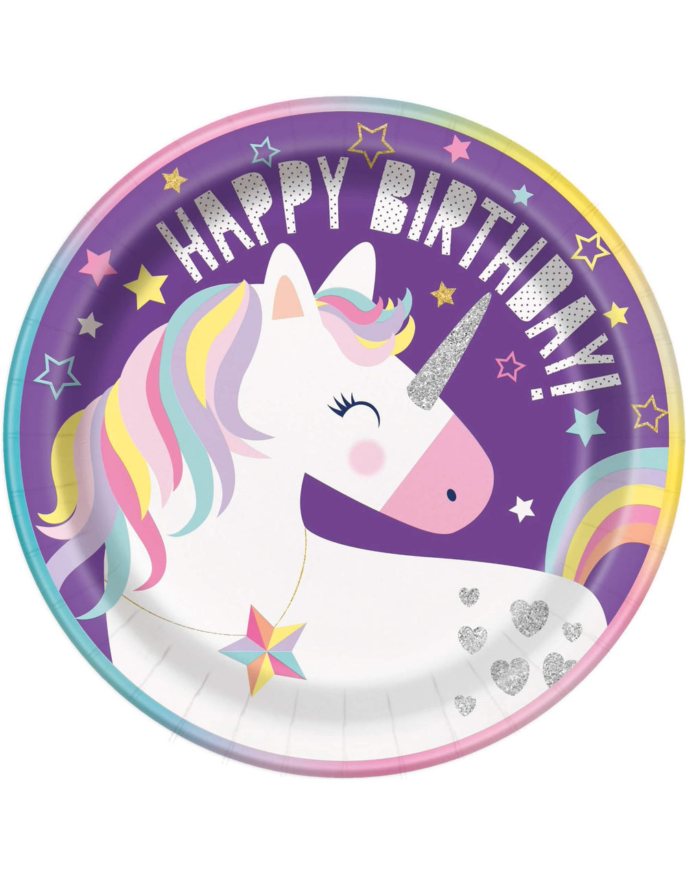 Assiettes en carton Happy Birthday licorne party pour anniversaire fille violettes avec détails pailletés