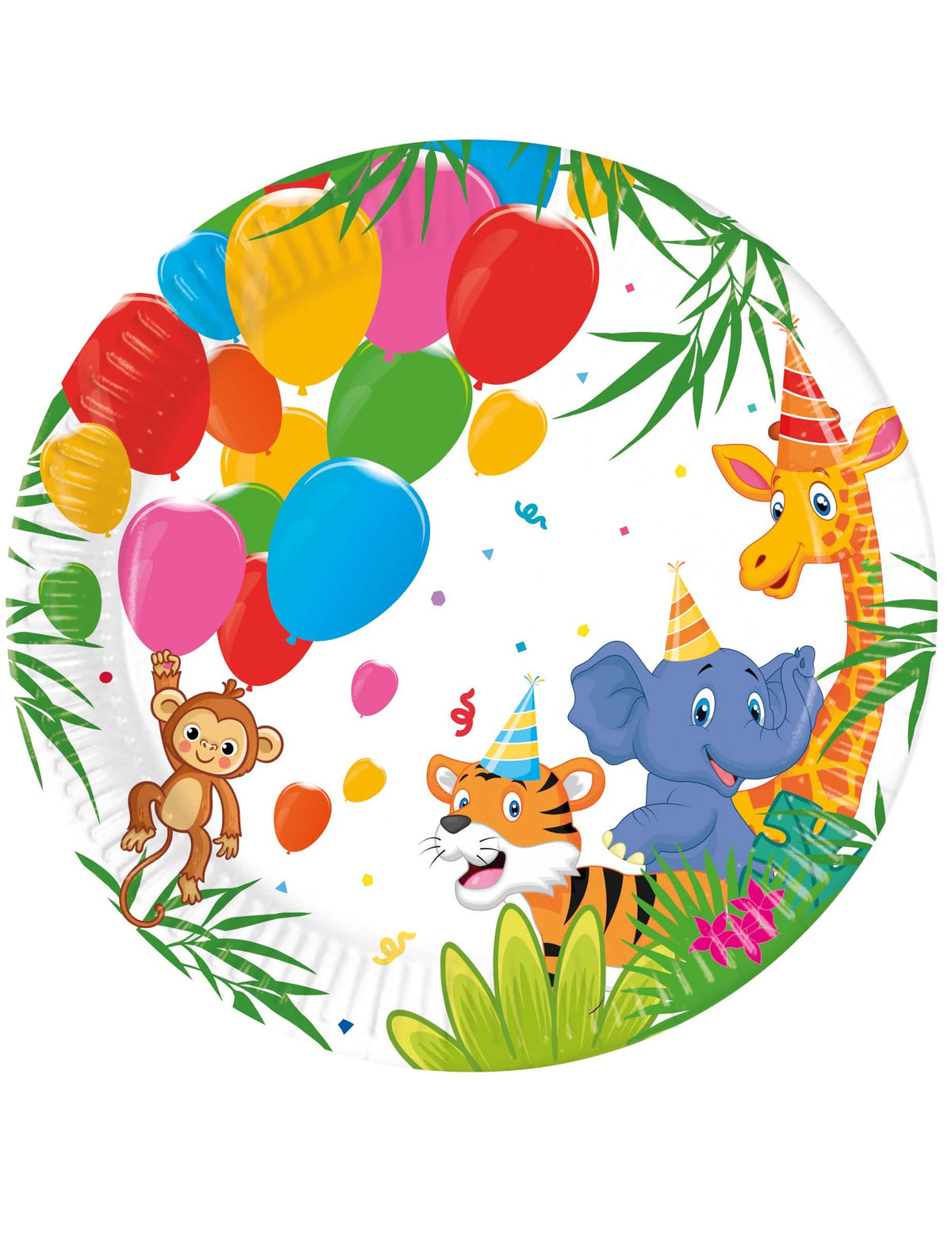 Assiettes en carton Jungle Balloons animaux pour enfant multicolores avec ballons