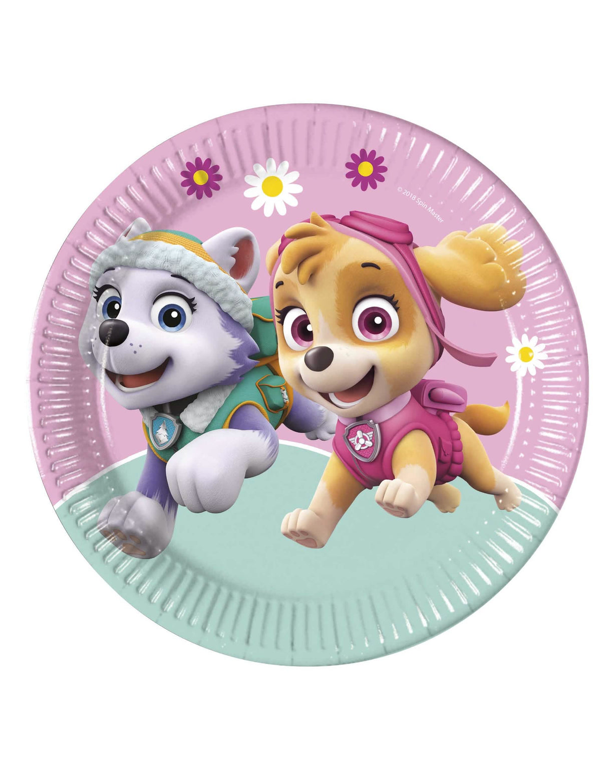 Teller aus Karton Paw Patrol Stella und Everest für Kinder Rosa, Pink und Blau mit Blumen