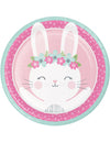 Assiettes en carton petit lapin pour anniversaire roses et vert d'eau