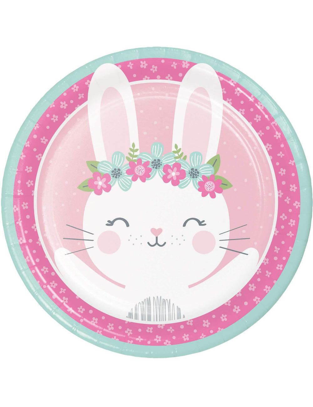 Assiettes en carton petit lapin pour anniversaire roses et vert d'eau