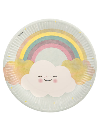 Assiettes en carton petit nuage arc-en-ciel pour fête aux couleurs pastel
