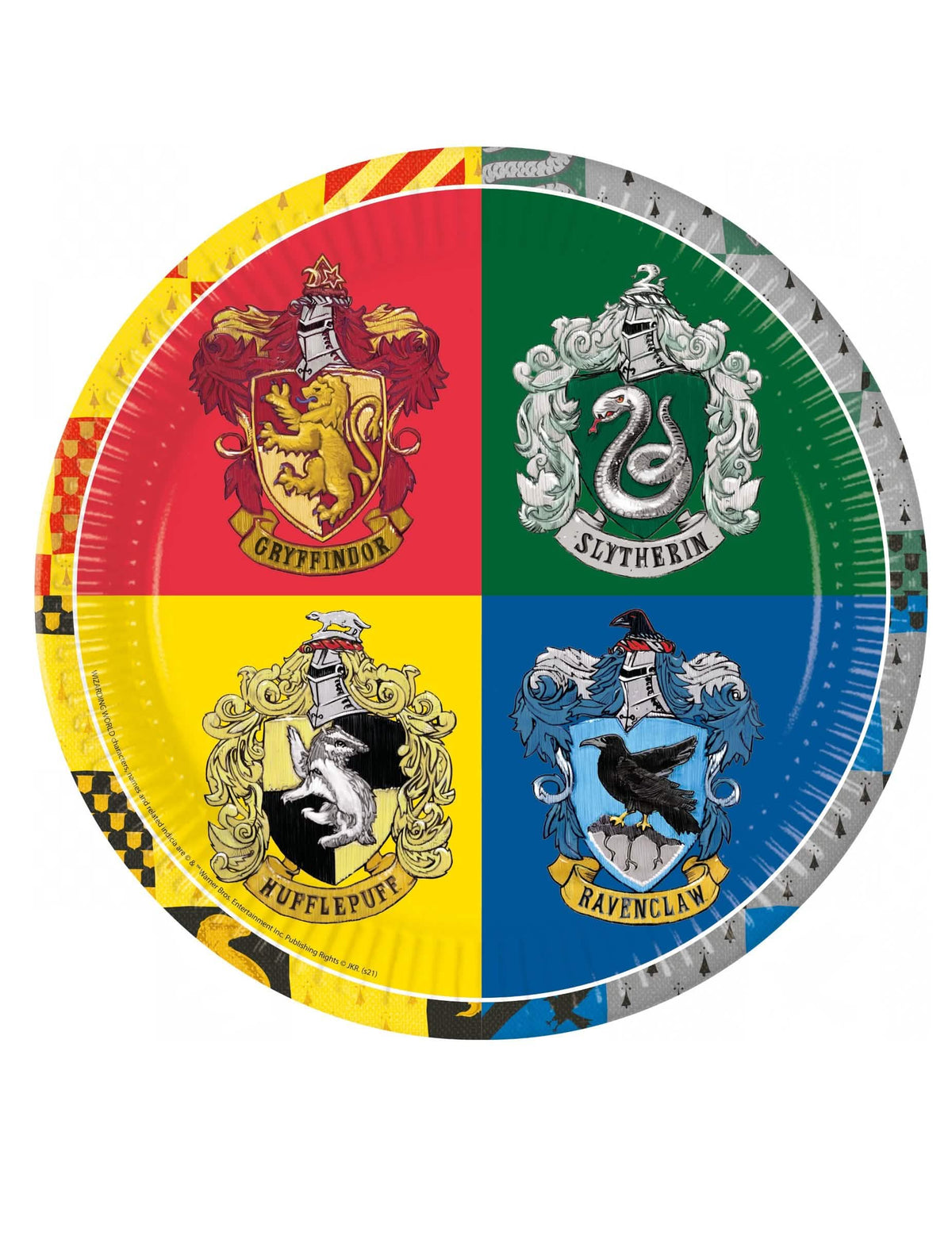 Teller aus Karton Harry Potter für eine mehrfarbige Party mit den Wappen der 4 Häuser