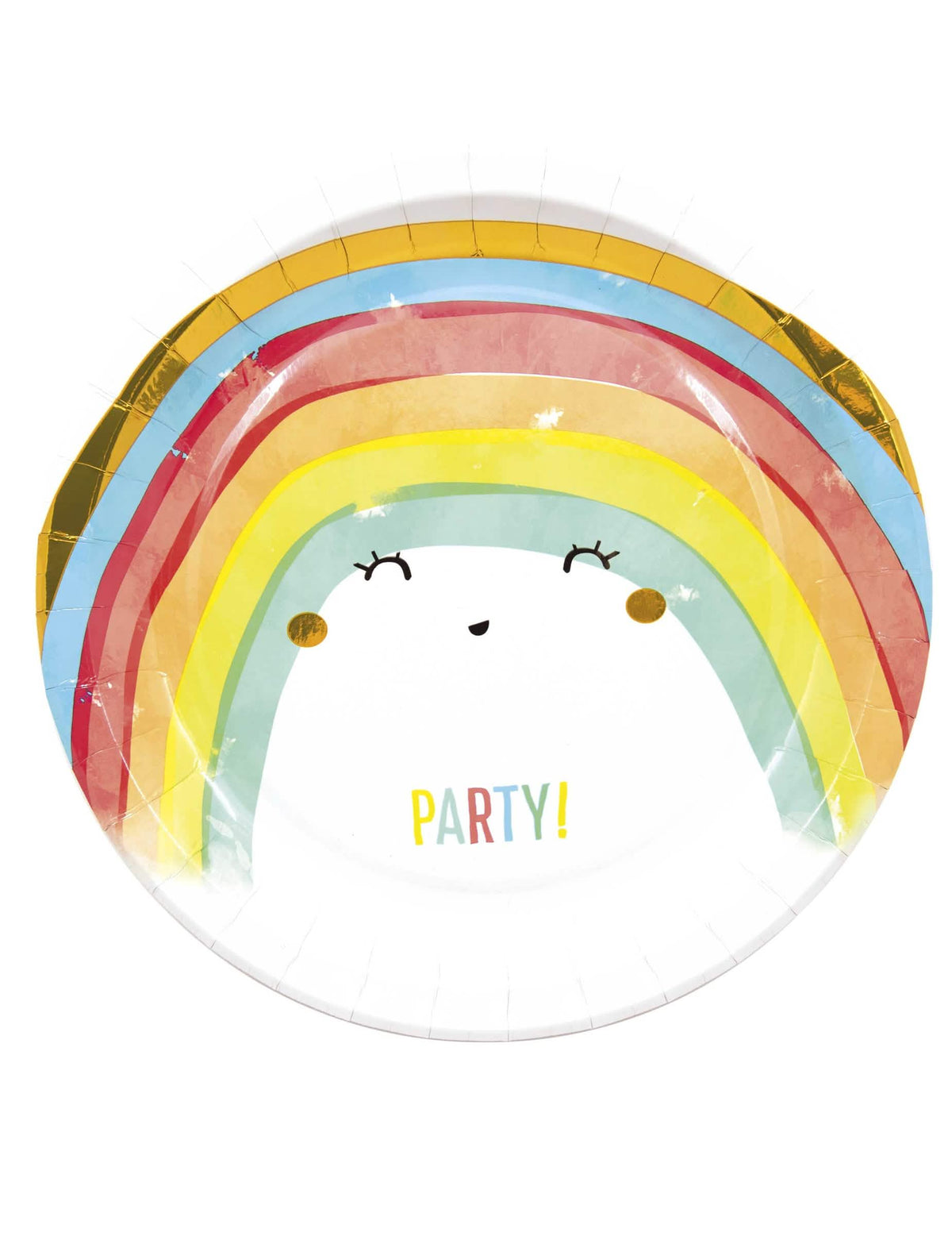 Assiettes en carton Rainbow party arc-en-ciel pour fête multicolores avec visage souriant et bordure dorée
