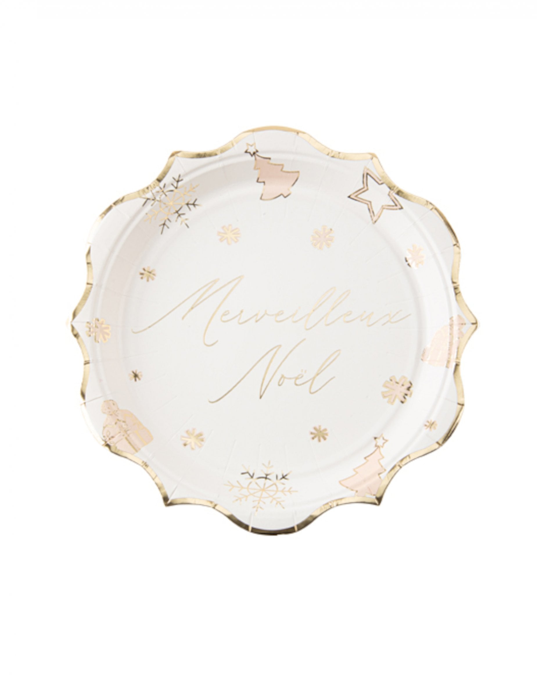 8 assiettes Merveilleux Noël blanches et dorées en carton
