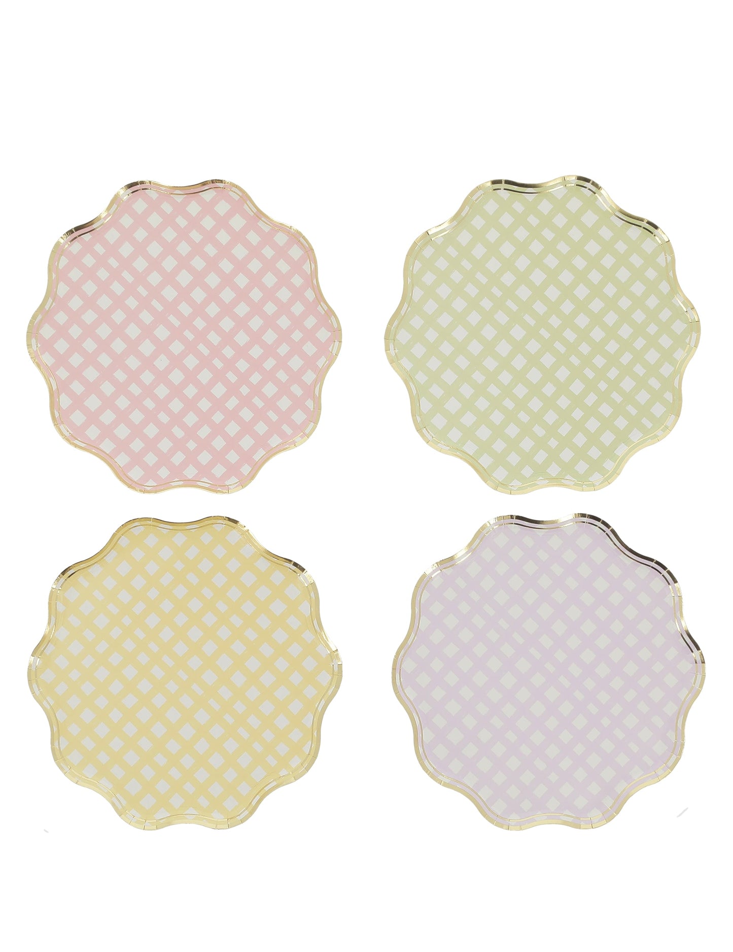 Assiettes en carton à carreaux pastel festonnées lilas rose jaune vert et or