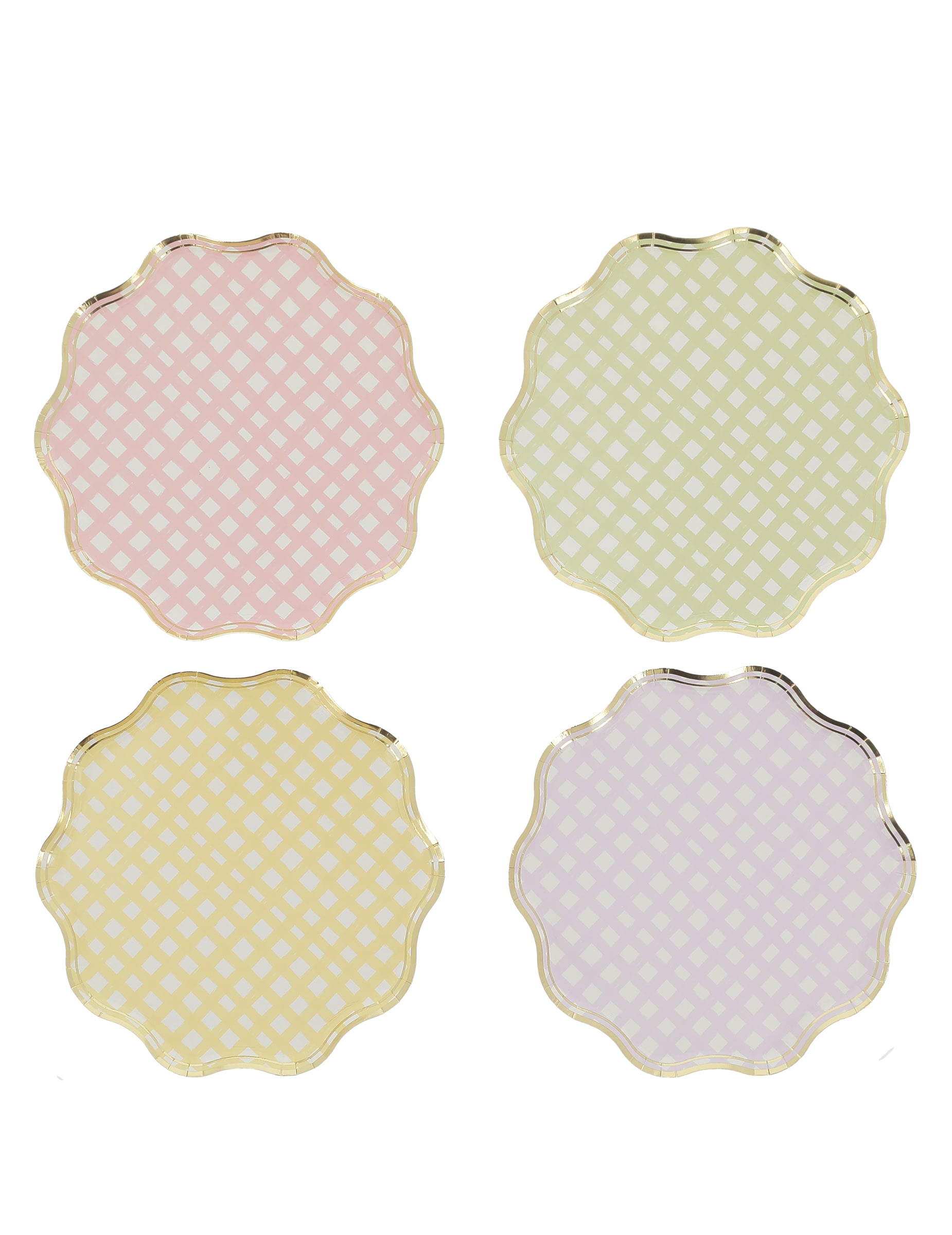 Assiettes en carton à carreaux pastel festonnées lilas rose jaune vert et or