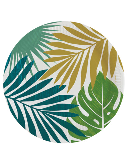 Assiettes en carton tropical chic pour fête avec motifs de feuilles vertes et dorées
