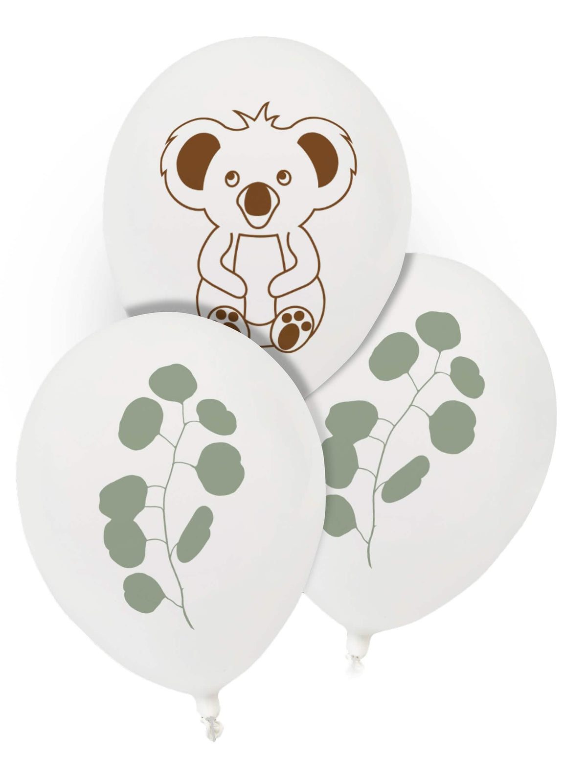 Ballons en latex koala et eucalyptus pour fête blancs avec motifs marron et verts