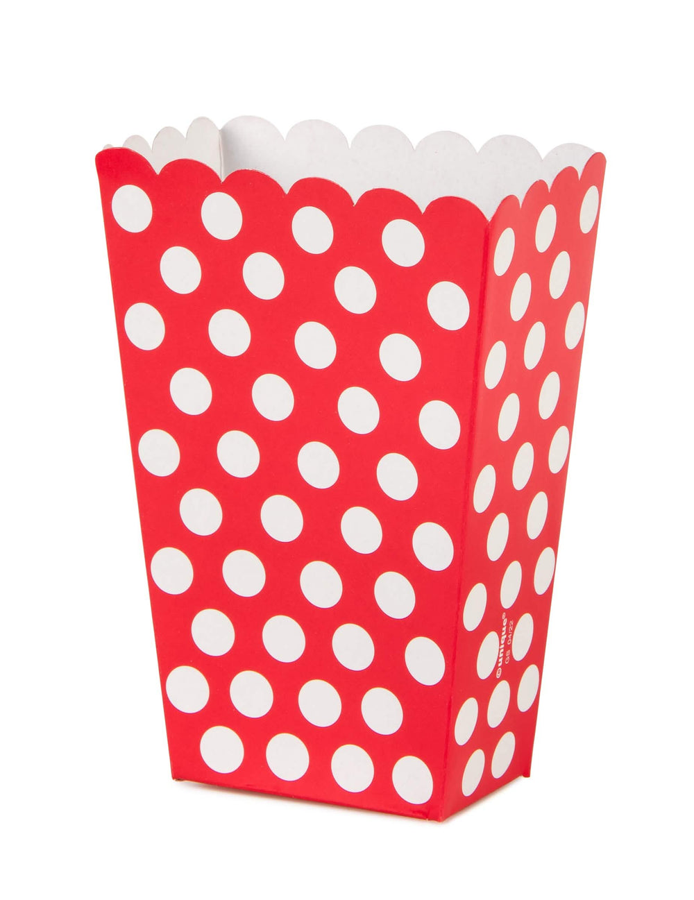 Rote Popcorn-Box mit weißen Punkten für eine rot-weiße Party aus Karton