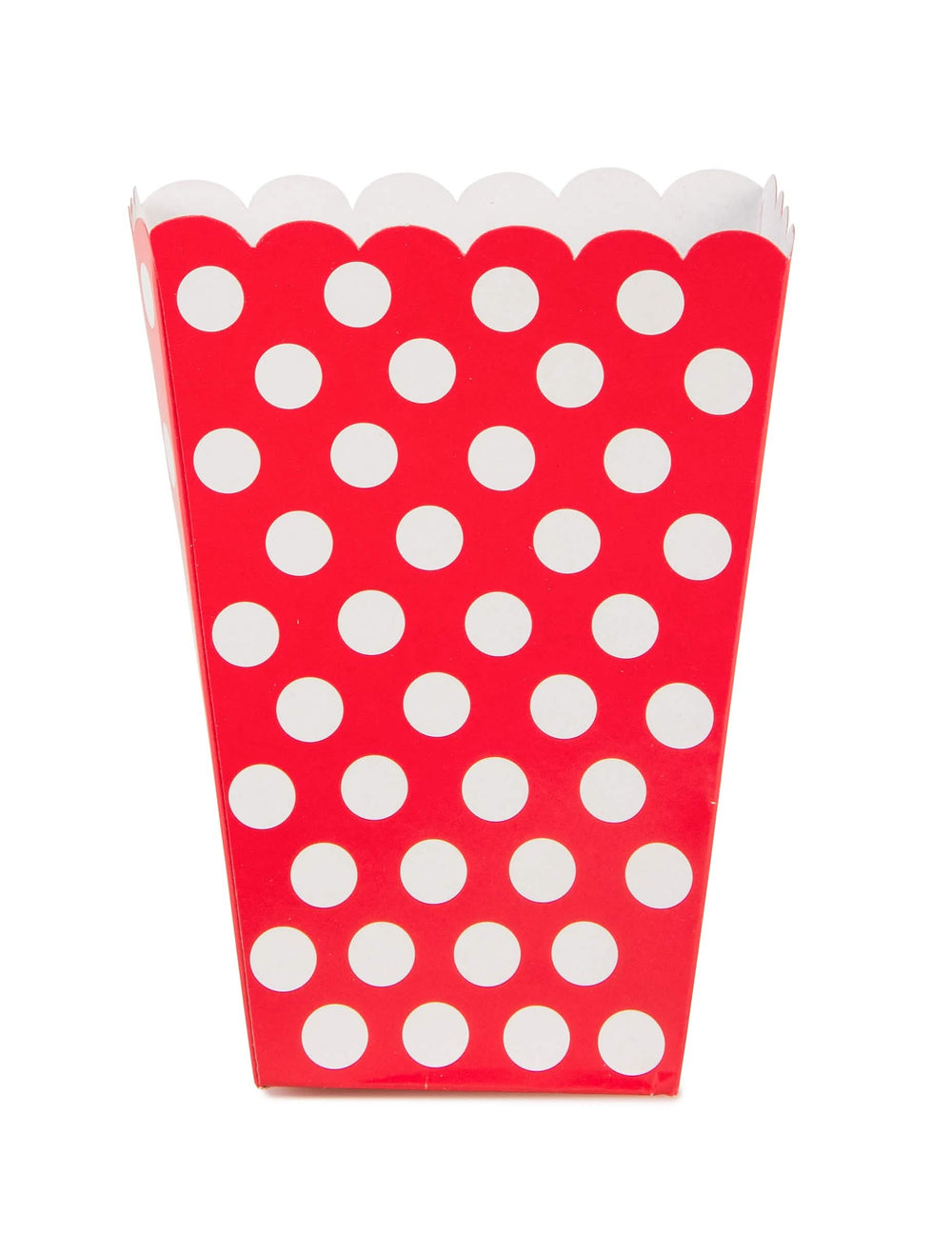 Vorderansicht der roten Popcorn-Box mit weißen Punkten