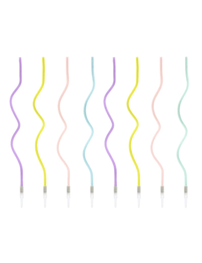 8 bougies spirales pastel pour fête multicolores avec bobèches