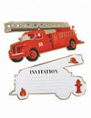 Cartes d'invitation camion de pompier pour enfant rouge avec contours dorés