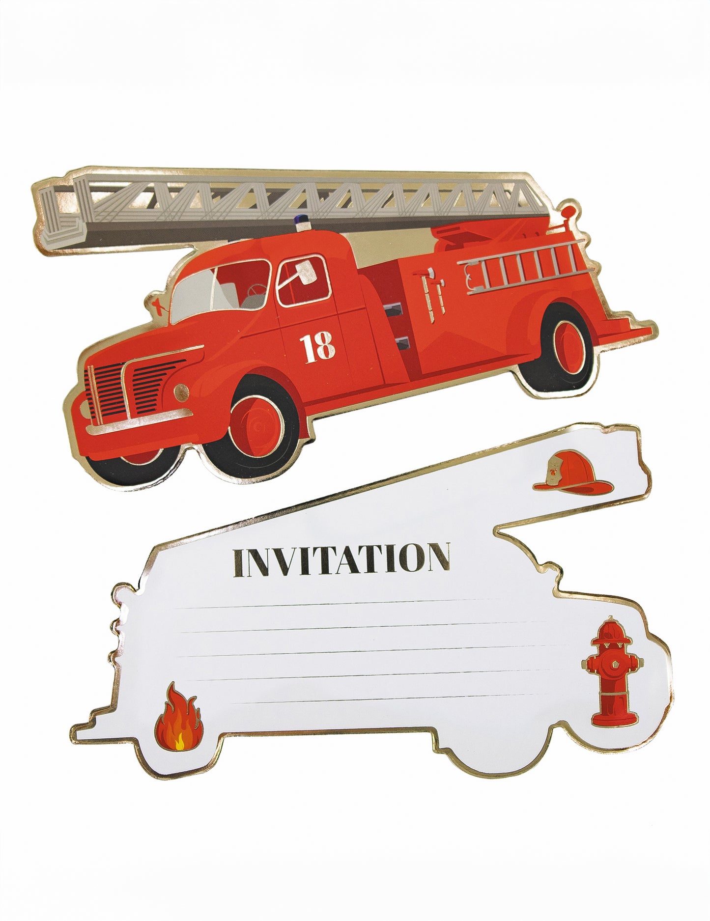 Cartes d'invitation camion de pompier pour enfant rouge avec contours dorés