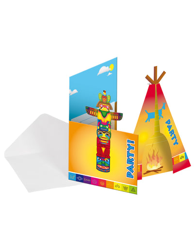 Mehrfarbige Indianer-Einladungskarten für Kinder mit Tipi und Totem