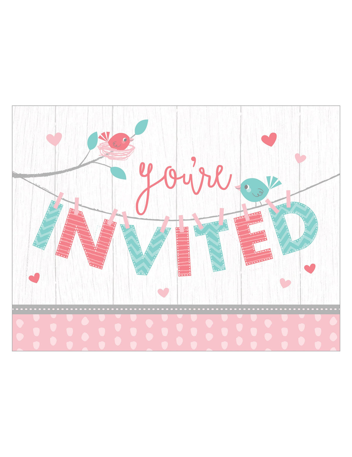 Cartons d'invitation hello baby pour baby shower rose et bleu avec oiseaux et coeurs