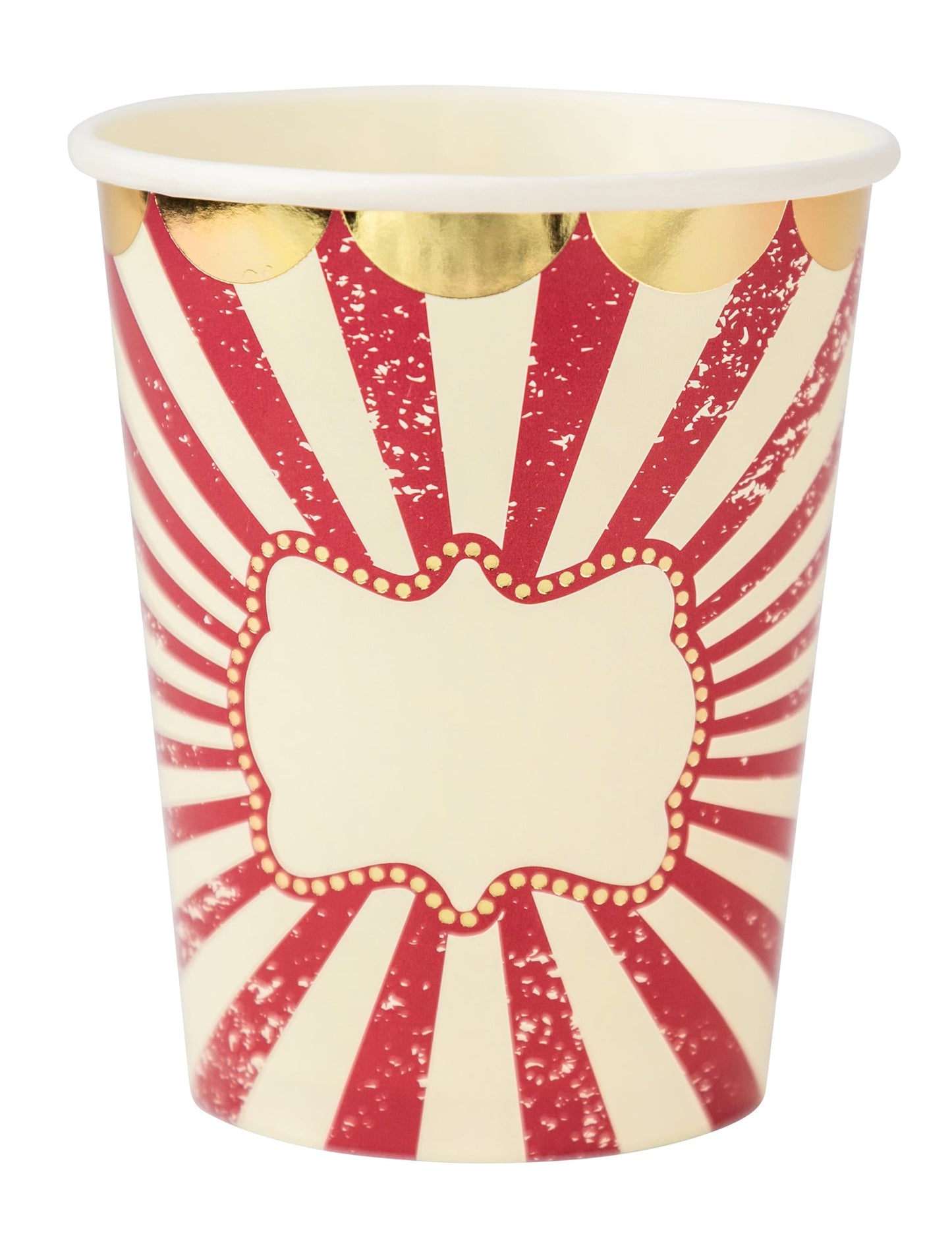 Gobelets cirque vintage en carton rouge blanc et doré