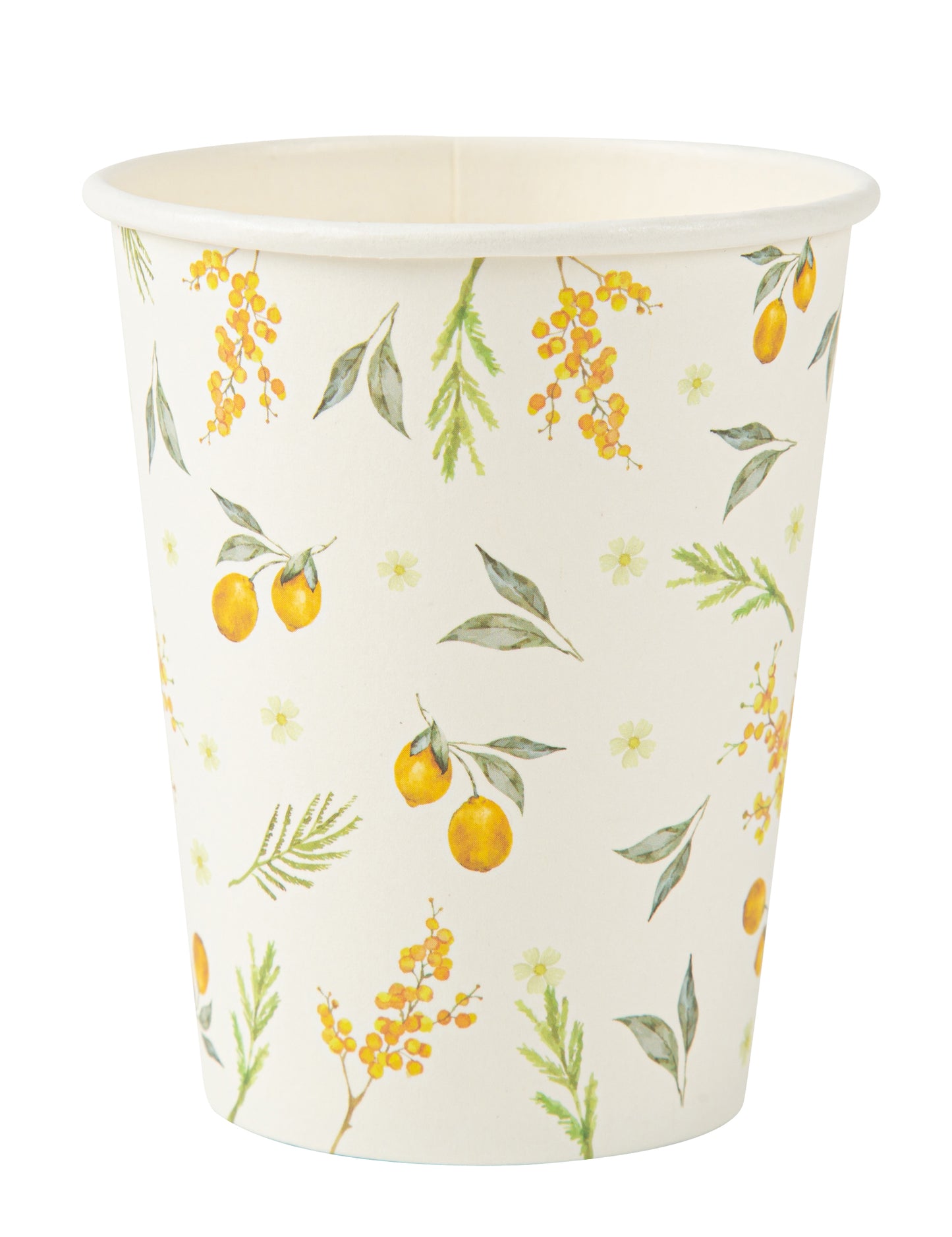 Gobelets citrons et feuillages pour anniversaire en carton blanc avec motifs jaunes et verts