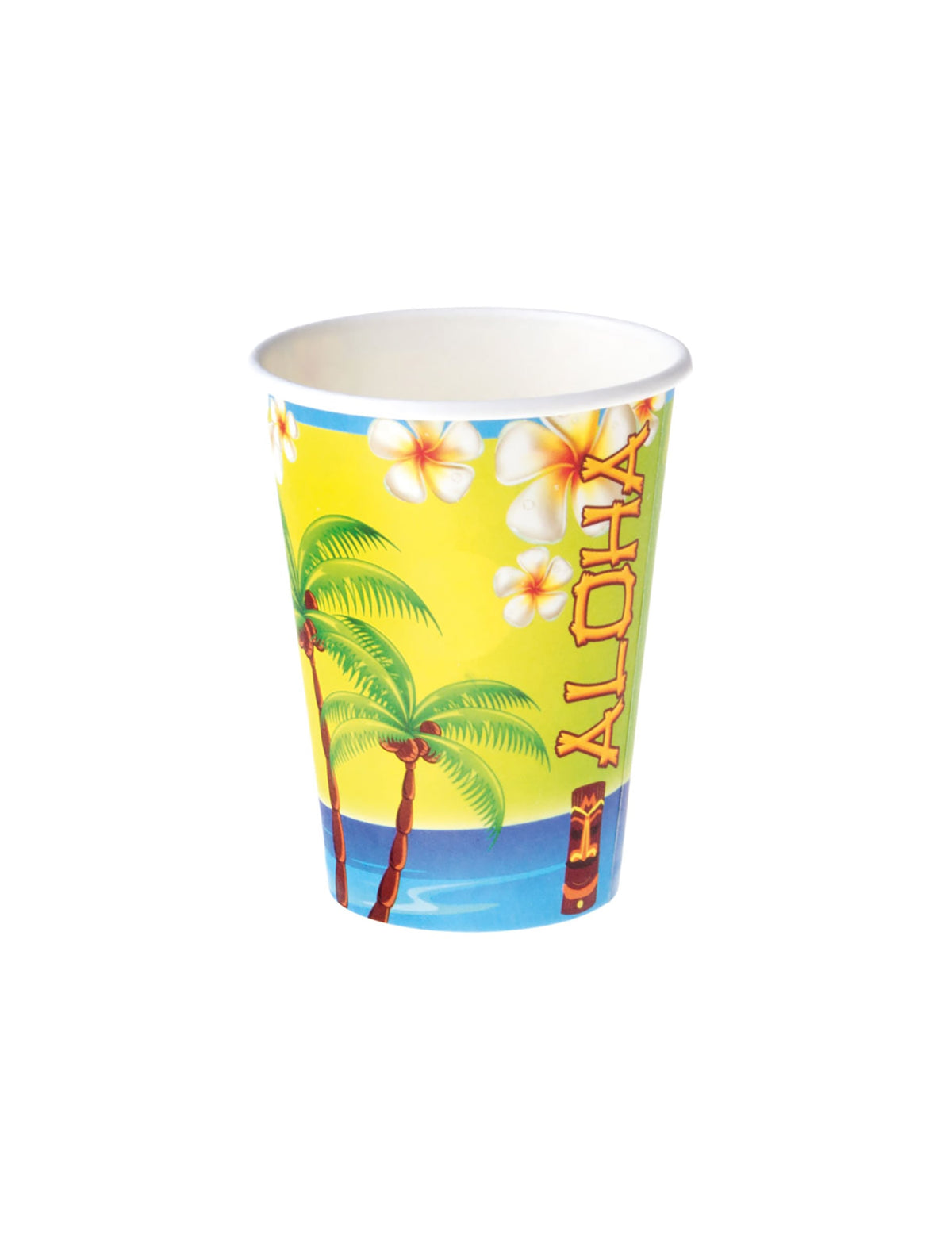 Gobelets en carton Aloha pour fête jaunes avec motifs de palmiers et fleurs