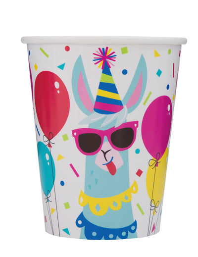 Weiße Lama-Geburtstagspappbecher mit Lama-Motiv mit Brille und bunten Ballons