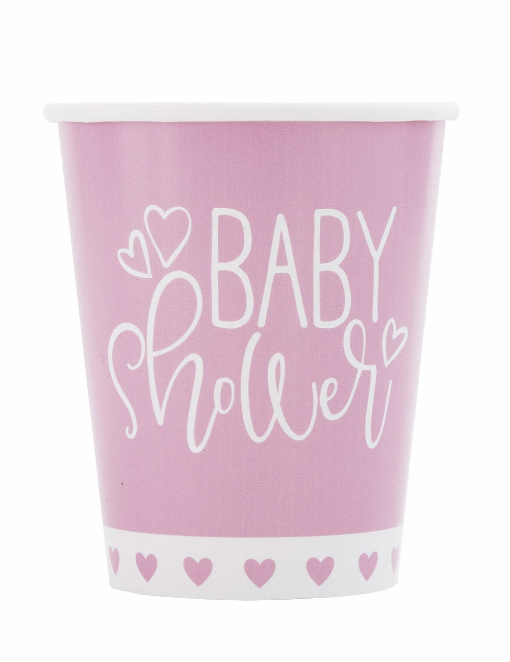Gobelets en carton baby shower roses et blancs à motifs cœurs