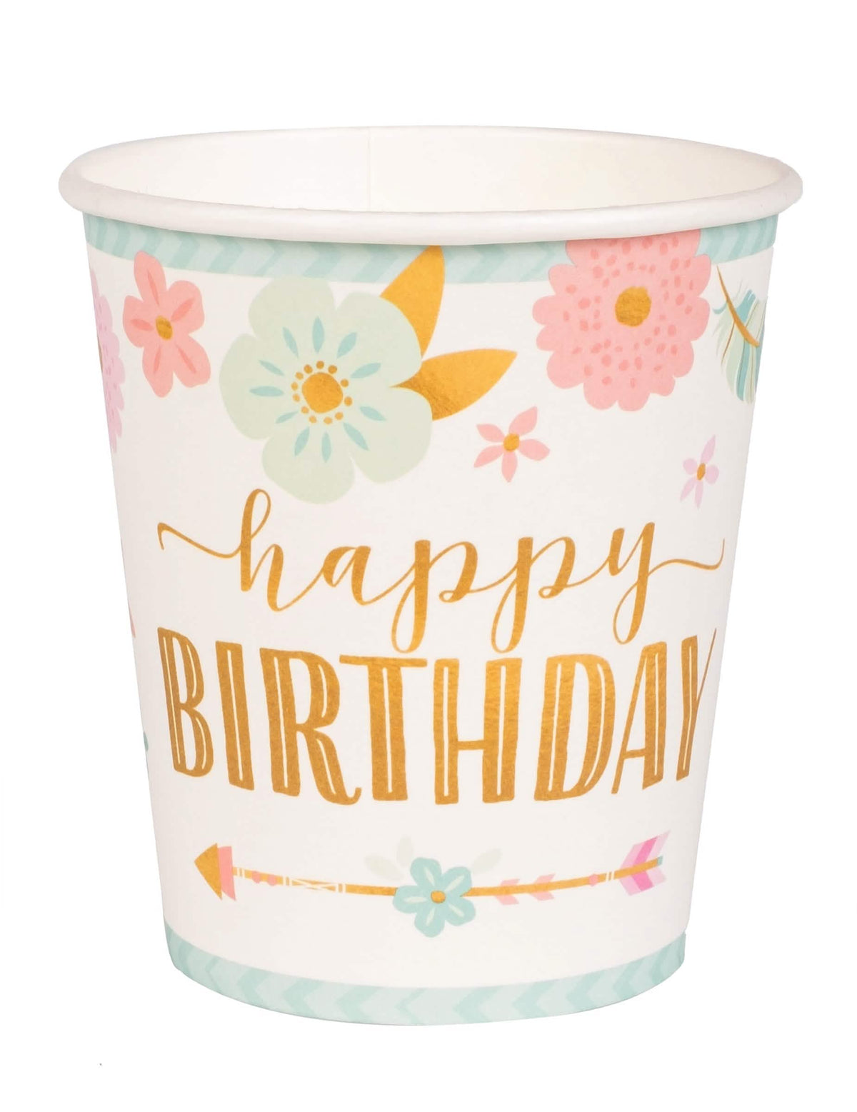 Pappbecher boho happy birthday für Geburtstag weiß mit pastellfarbenen Blumen- und Pfeilmotiven