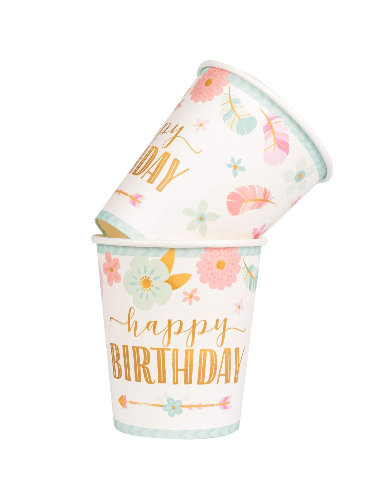 Ansicht von zwei gestapelten Exemplaren der Pappbecher boho happy birthday