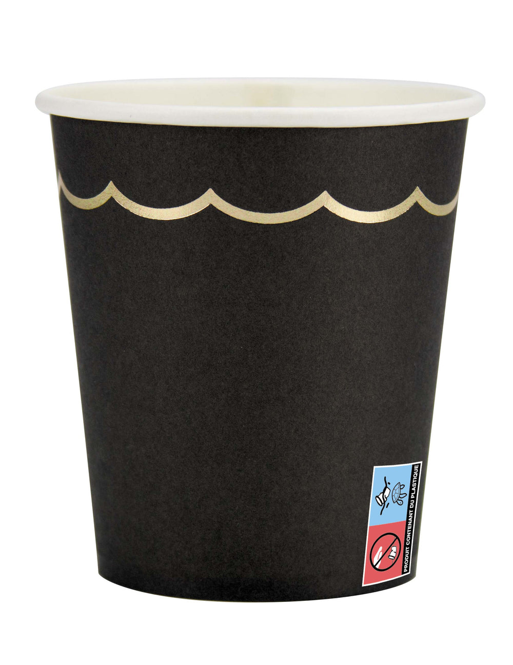 Gobelets en carton festonnés pour fête noirs et dorés élégants