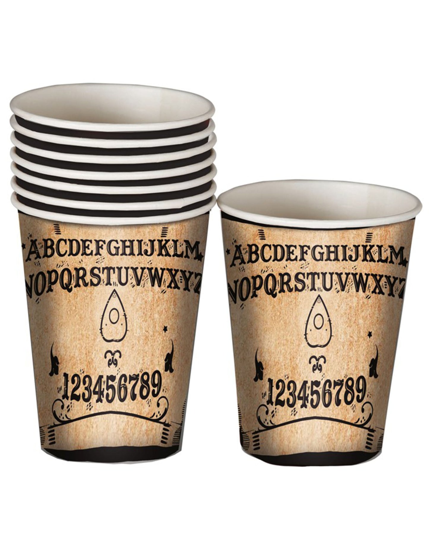 Gobelets en carton Ouija pour fête beige et noir aspect vieux parchemin
