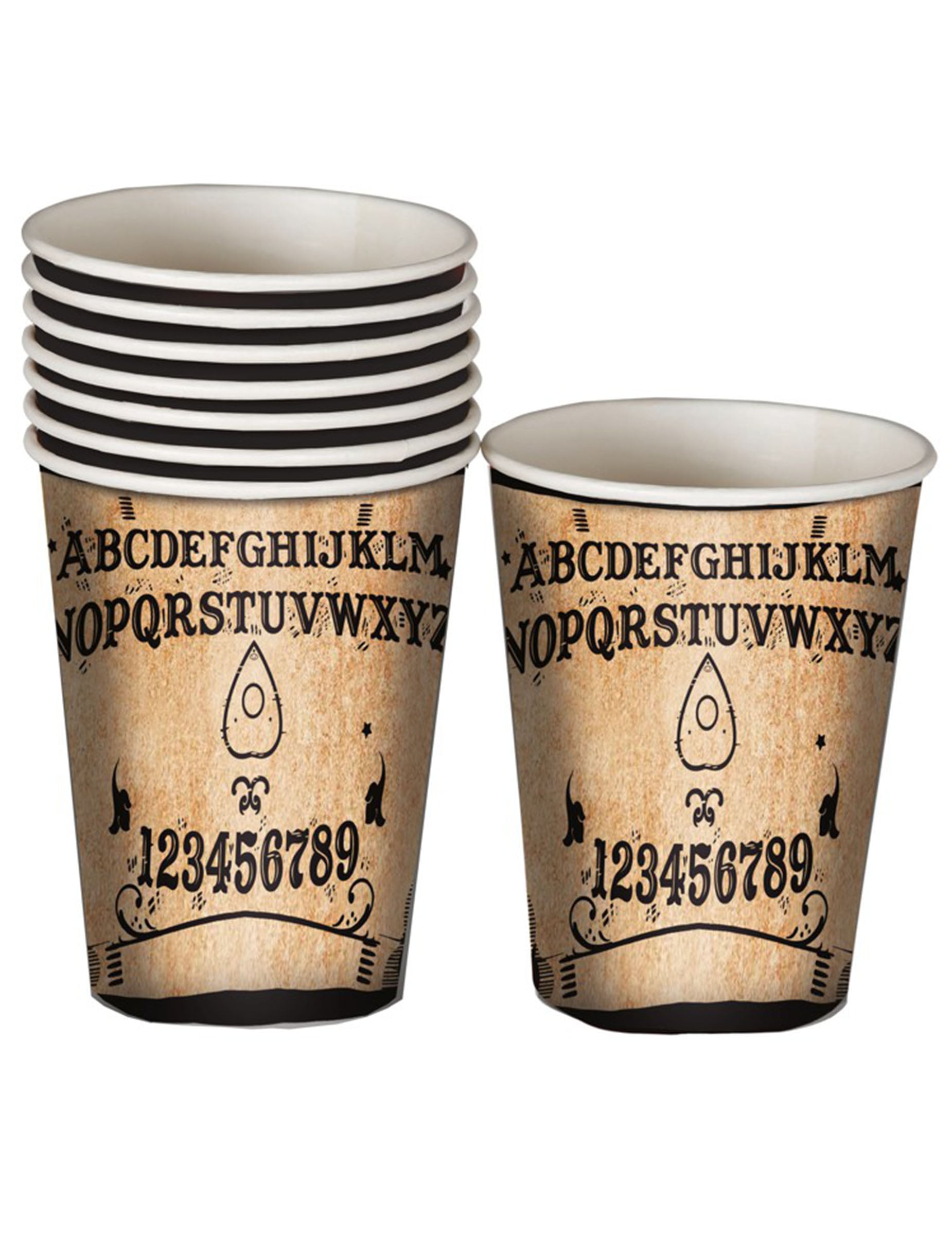 Gobelets en carton Ouija pour fête beige et noir aspect vieux parchemin