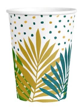 Gobelets en carton tropical chic blancs à motifs de feuilles de palmier dorées et vertes