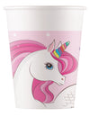 Gobelets en carton licorne rainbow pour anniversaire rose avec licorne et corne multicolore