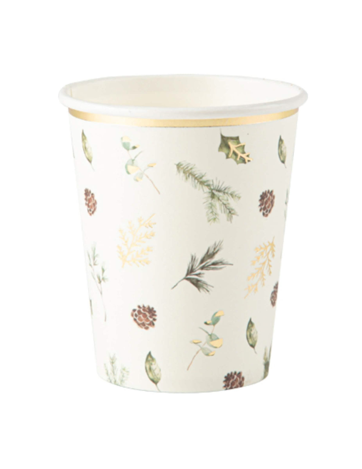 8 gobelets en carton forêt enchantée blancs avec motifs végétaux et liseré doré