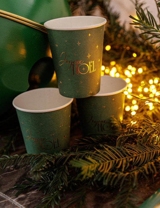 8 Becher Frohe Weihnachten in British Green und Gold 25,5 cl
