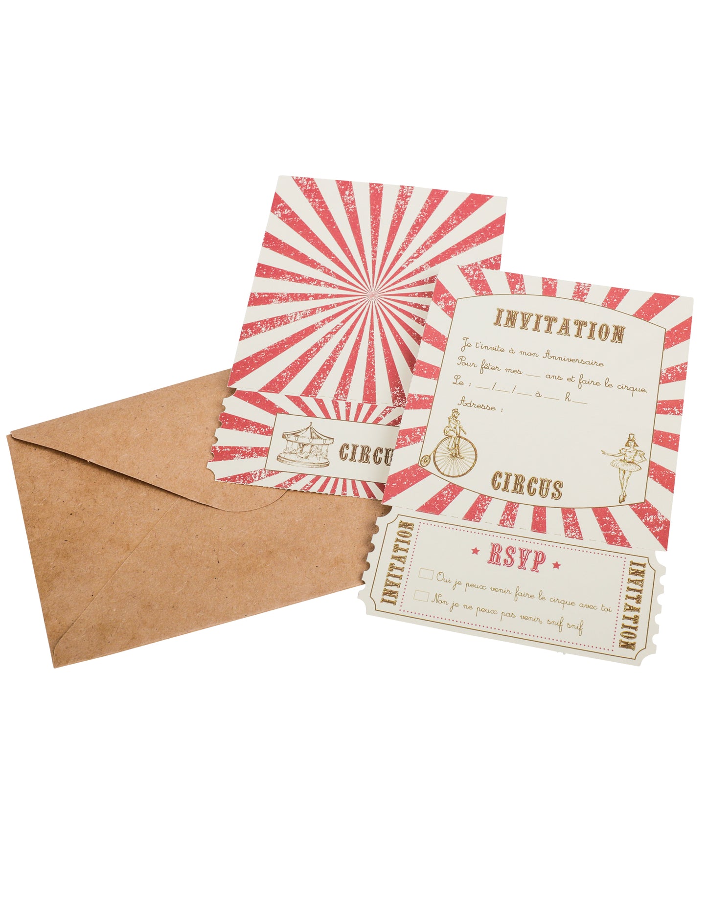 Invitations cirque vintage pour anniversaire rouge et blanc avec enveloppes kraft