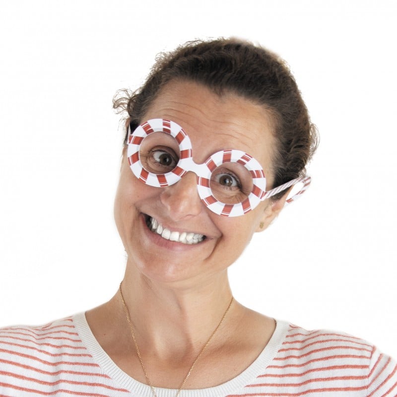 Paire ronde rayée rouge et blanche portée des 8 lunettes en carton rigolotes Sweety Xmas pour Noël