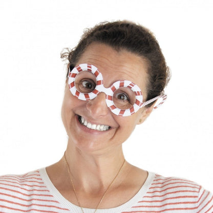 Paire ronde rayée rouge et blanche portée des 8 lunettes en carton rigolotes Sweety Xmas pour Noël