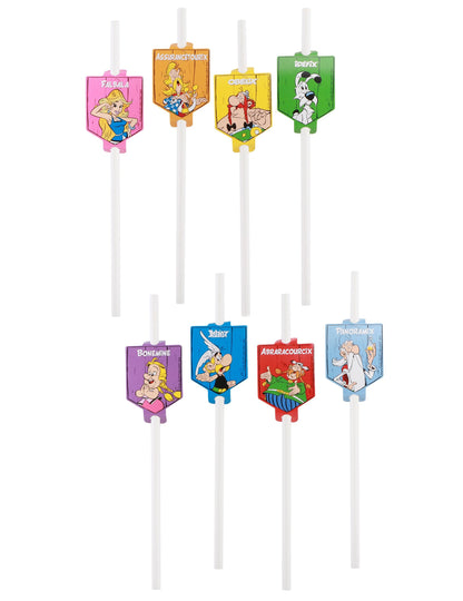 8 pailles en carton Astérix multicolores avec médaillons de personnages