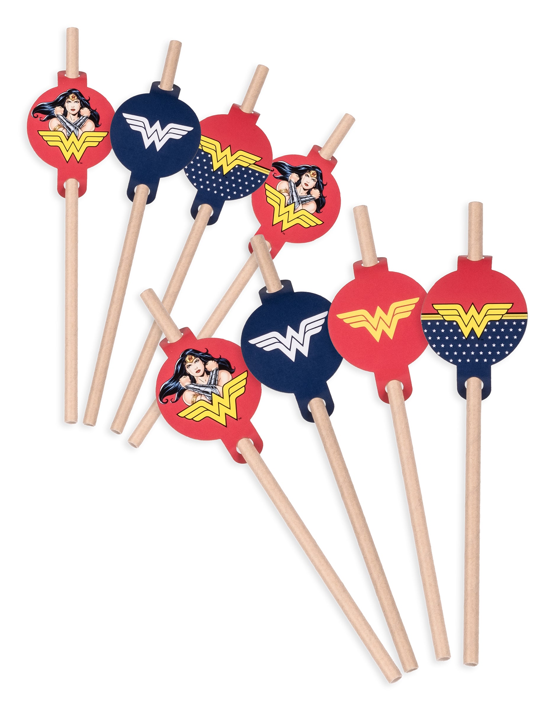 Pailles médaillon en carton Wonder Woman pour enfant rouges et bleues