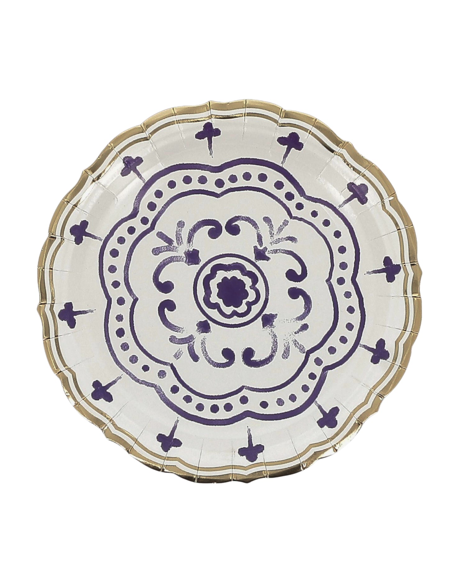 Petites assiettes en carton motif méditerranéen pour fête bleu roi blanc et or