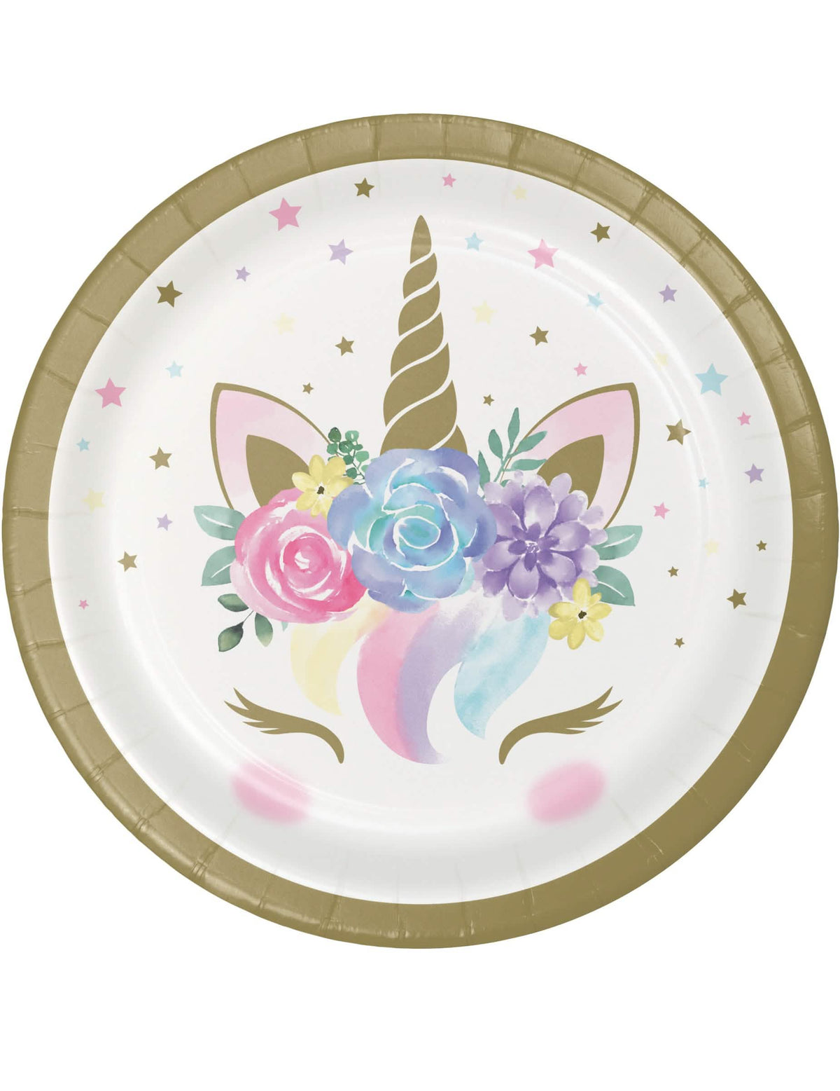 Kleine weiße und goldene Einhorn-Pappteller mit Feenmotiv