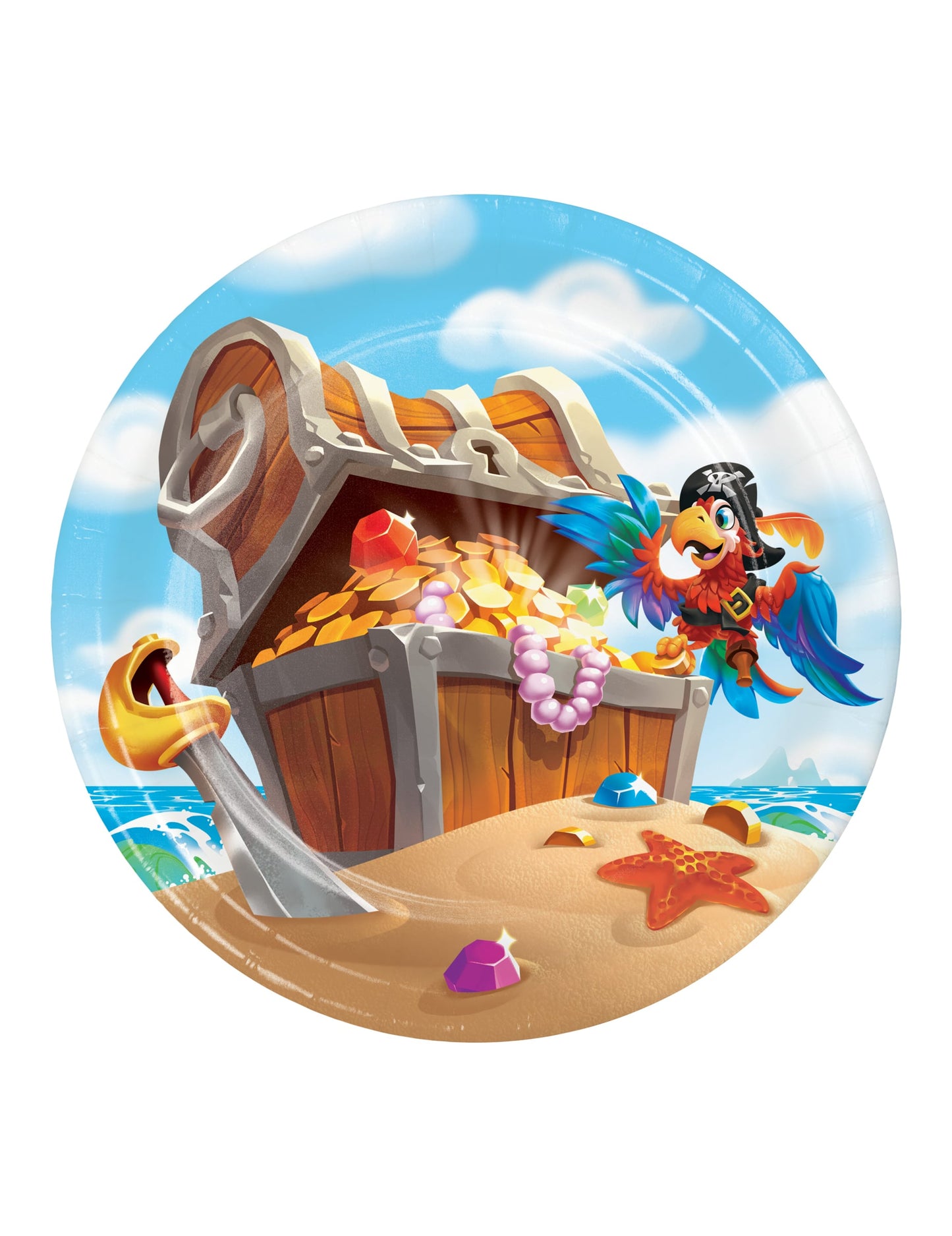Assiettes en carton trésor de pirate pour anniversaire multicolores avec coffre et perroquet